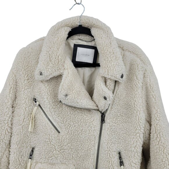 Lucky Brand Ivory Vegan Faux Shearling Sherpa Moto Jacket Womens Sz L Teddy Bear - Picture 4 of 12